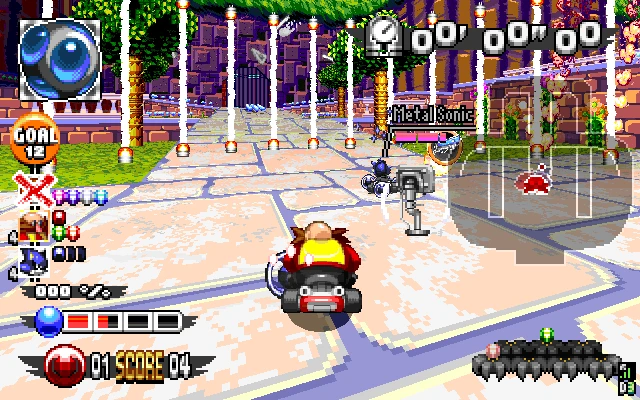Zrzut ekranu z Sonic Robo Blast 1998 pokazujący wyścigi kartów z postaciami Dr. Robotnika i Metal Sonica