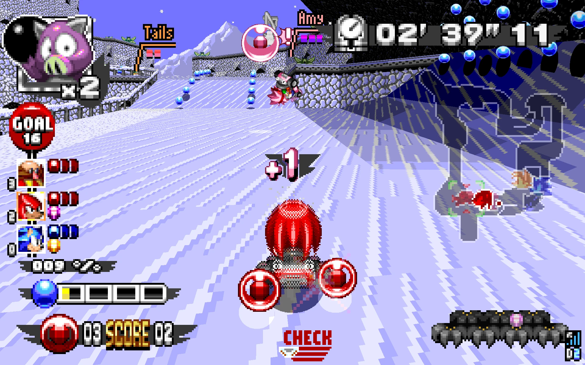 Screenshot rozgrywki pokazujący wyścig na śniegu w Sonic Robo Blast z postacią Amy w modzie Dr. Robotnik's Ring Racers