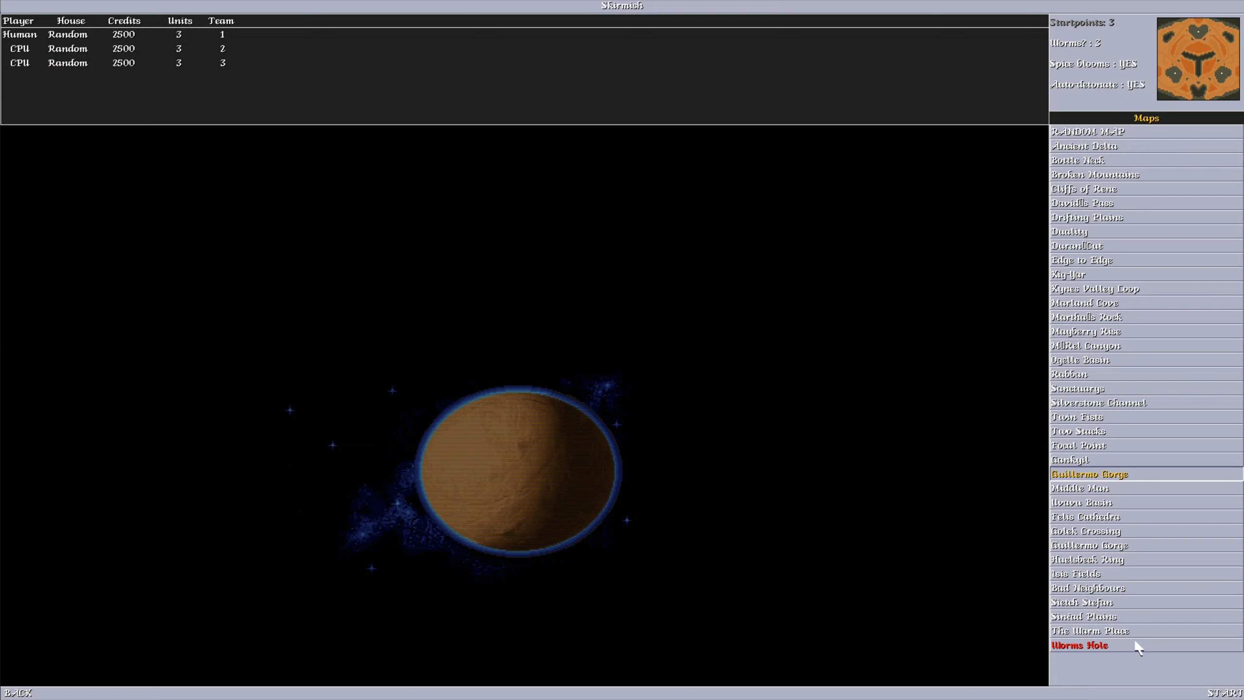 Screenshot des Planetenauswahl- und Kartenlistenmenüs im Dune II Fan-Spiel The Maker mit Spielerinformationen und Einstellungen