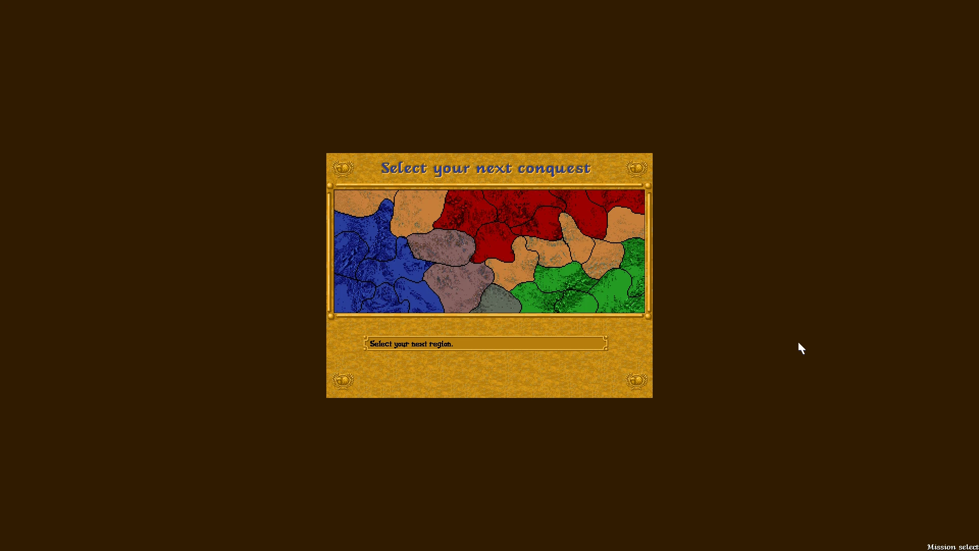 Kartenbildschirm aus Dune II Fan-Spiel The Maker mit farbigen Regionen zur Auswahl der nächsten Eroberung