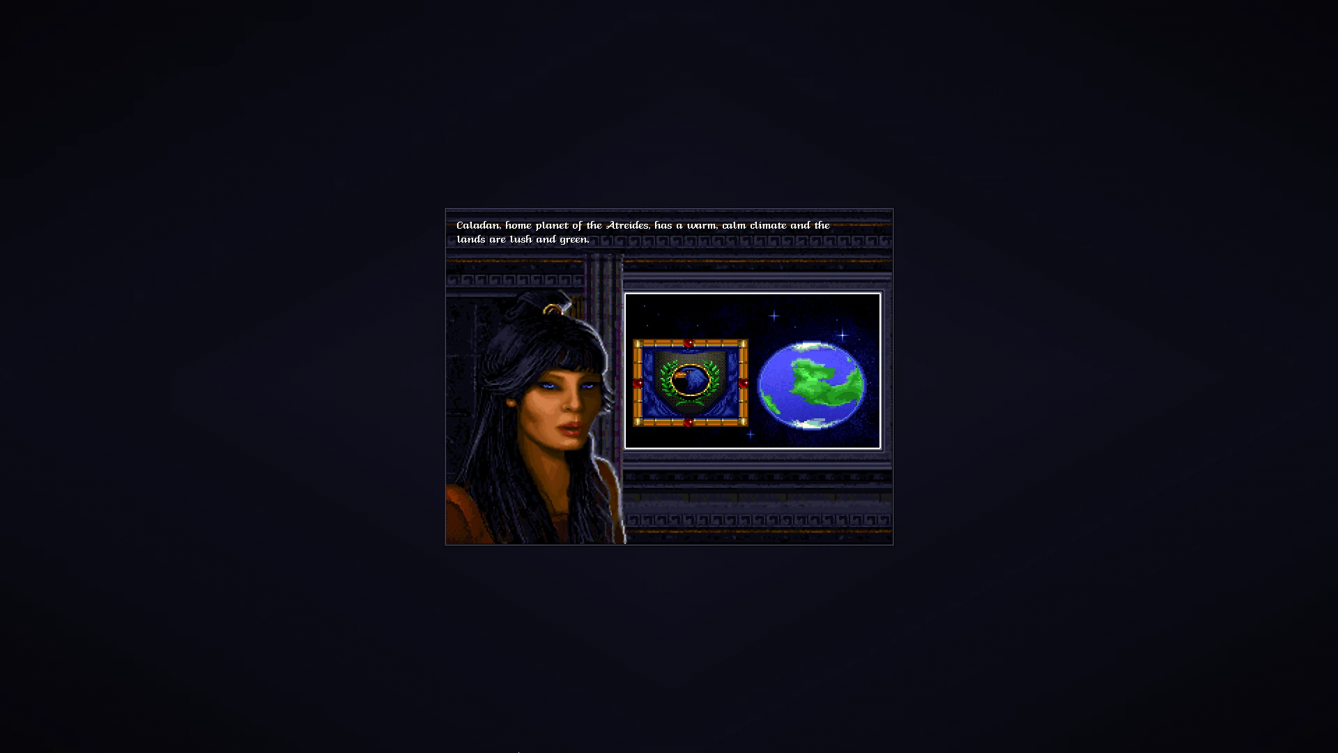 Spielszene aus Dune II zeigt Charakter, der über Caladan spricht, mit Planetenbild und Emblem