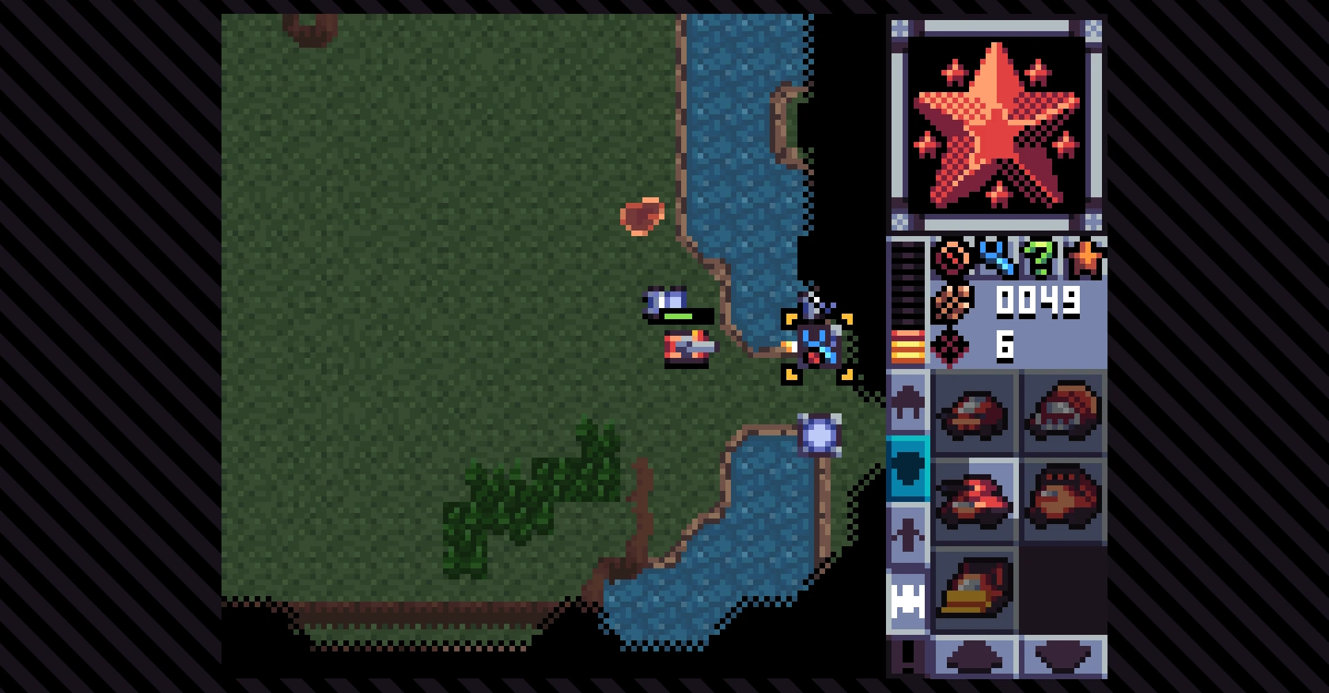 Pixel-Art-Spielbildschirm mit grüner Landschaft, Wasser, zwei Kampffahrzeugen und einer seitlichen Bedienfeldanzeige