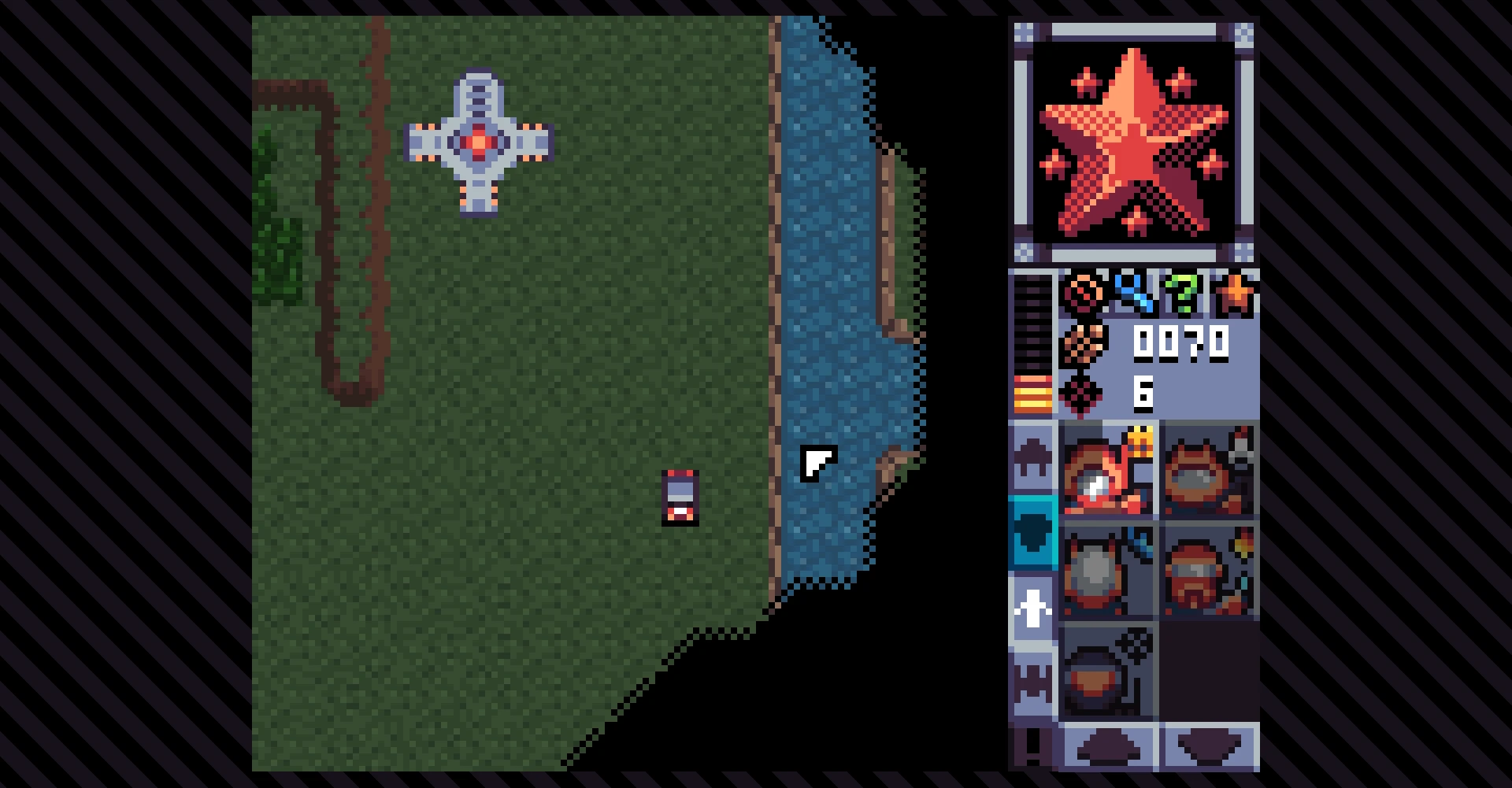 Pixel-Art Top-Down-Ansicht einer Fan-Karte von Command & Conquer Tiberian Dawn mit Fluss und Einheiten-Icons