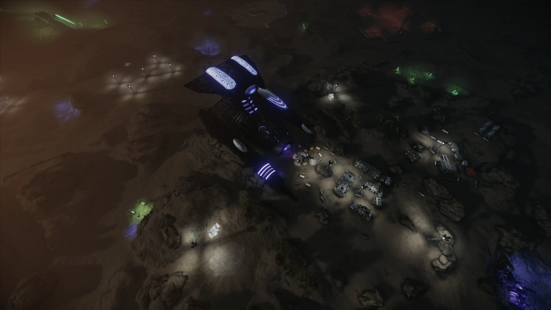 Світний інопланетний корабель на темній кам’янистій місцевості з розкиданими уламками та кольоровими п'ятнами мінералів