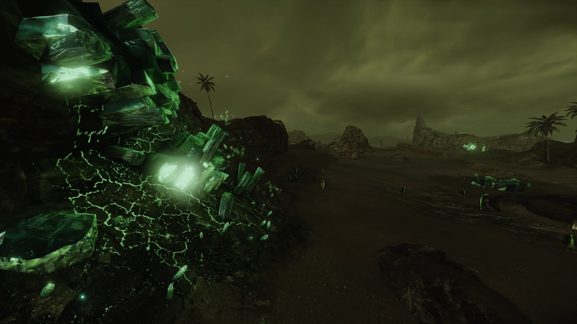 Світло зелених кристалів тиберіуму на кам’яному пейзажі під хмарним небом у моді Firestorm до Command & Conquer: Tiberian Sun