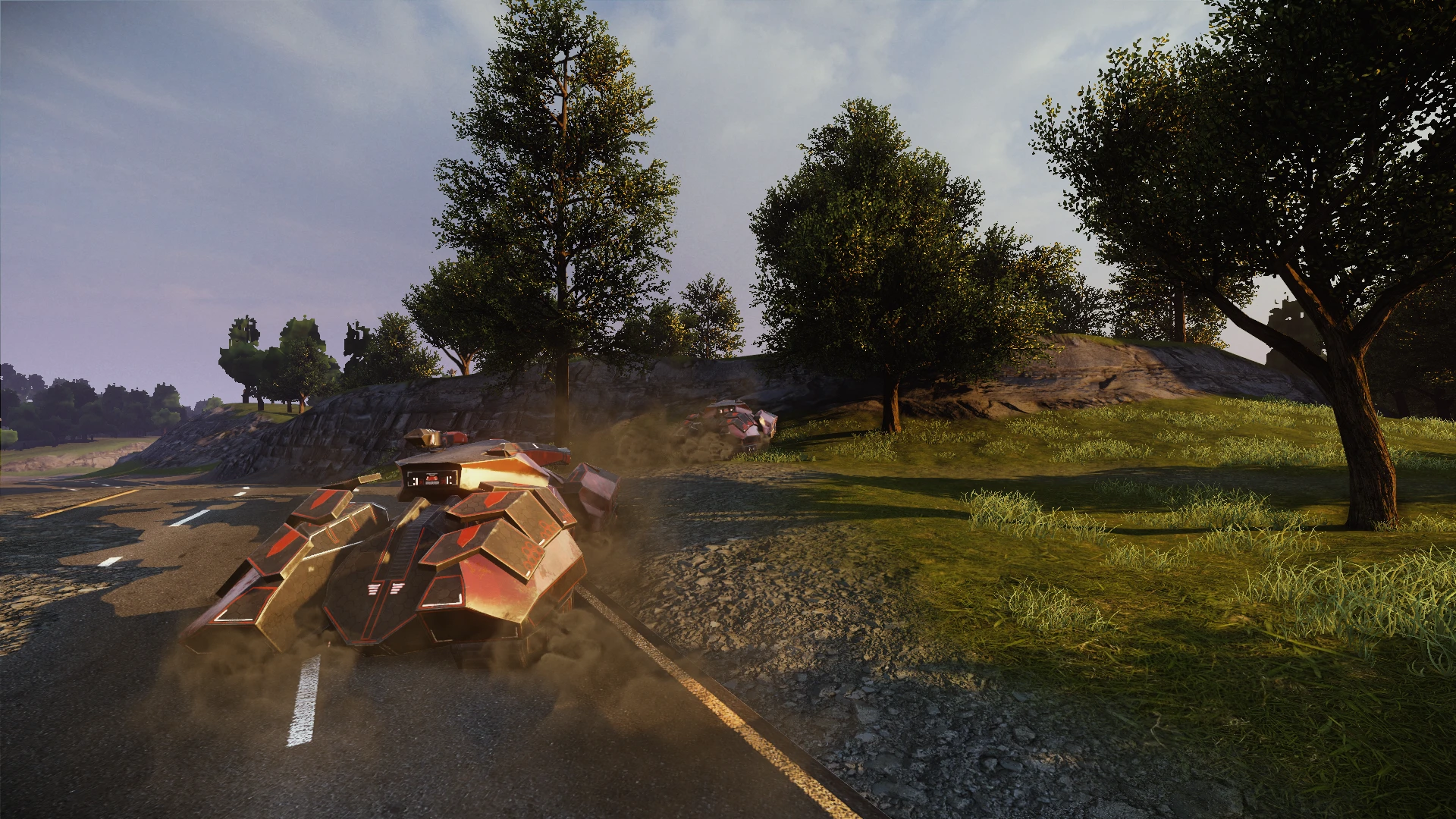 Два футуристичні танки здіймають пил на тріснутій дорозі серед дерев у Command & Conquer Tiberian Sun Firestorm