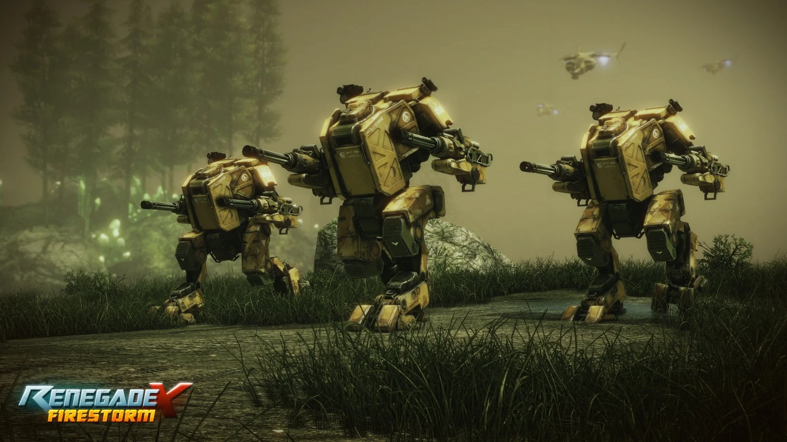 Три жовтих важкі мехи на трав'яному полі на фоні дерев і військових гелікоптерів