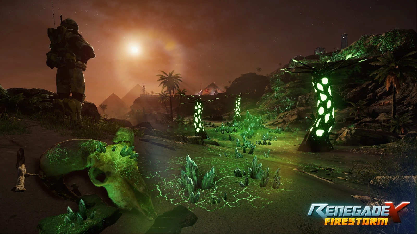 Солдат стоїть на кам’янистій місцевості зі світячимися зеленими кристалами та мутованими деревами на заході сонця в моді Firestorm для Tiberian Sun