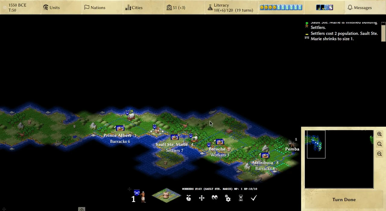 Скріншот Freeciv із класичним інтерфейсом Civilization 1991, картою, юнітами, містами та інформацією про хід