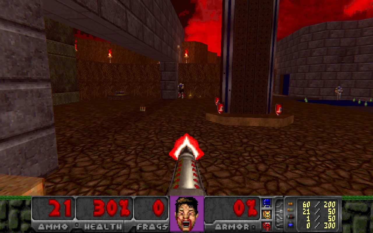 Ego-Perspektive des Spielers, der ein Plasmengewehr in einem dunklen, höllischen Außenbereich im Freedoom-Mod für Doom 1993 abfeuert