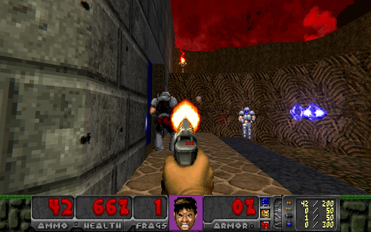 Erste-Person-Ansicht, die mit einer Pistole auf Feinde in einem pixeligen Außenbereich unter rotem Himmel in Freedoom schießt