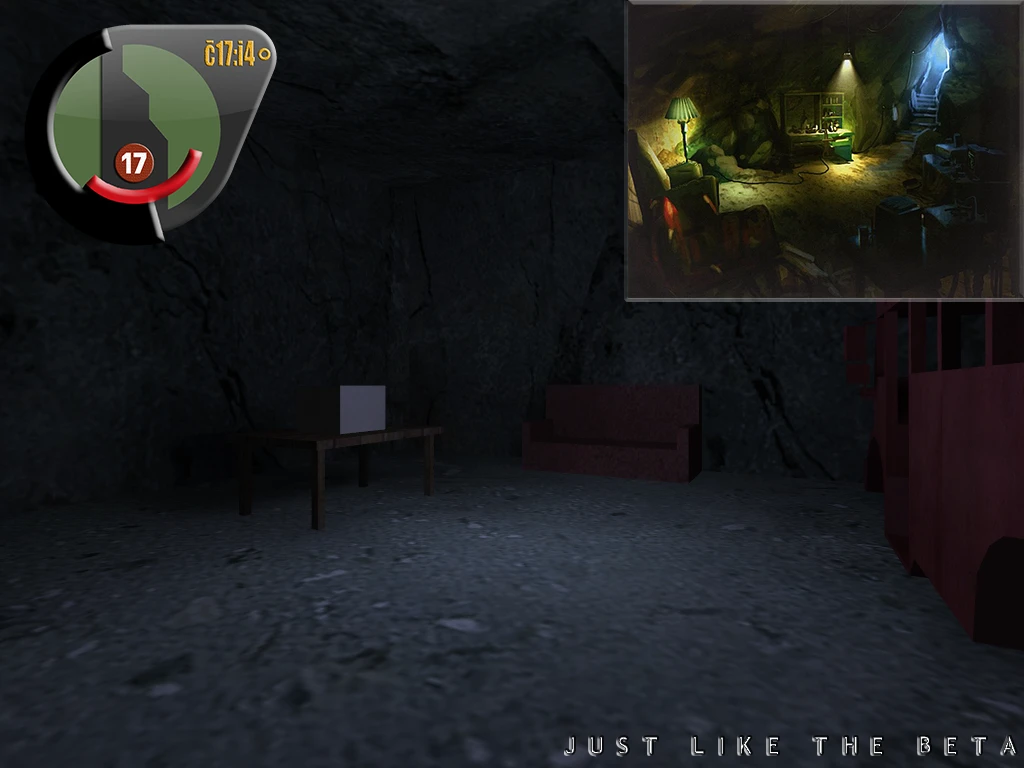 Dunkler Höhleninnenraum mit einfacher Einrichtung und verblasstem eingefügtem Bild eines beleuchteten Zimmers mit Treppe in Half-Life 2 Beta Minimalist Mod