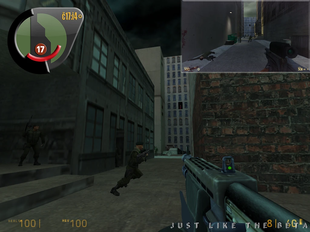 Erste-Person-Sicht auf bewaffnete Soldaten in dunkler Stadtumgebung mit HUD-Elementen aus Half-Life 2 Beta Minimalist Mod