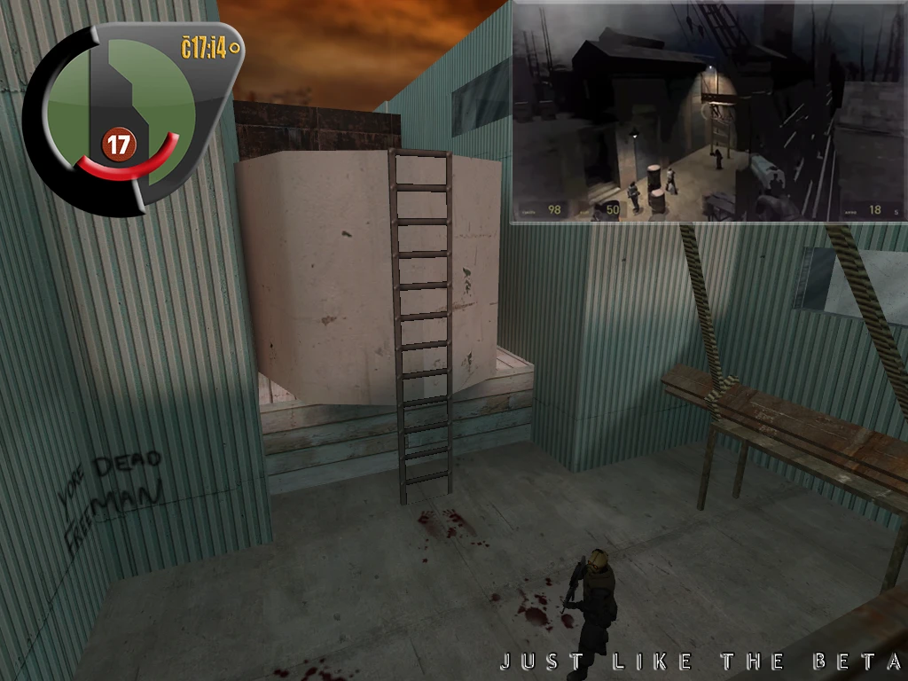 Spielerfigur in geschlossenem Industriezimmer mit Leiter und Schaukel im Half-Life 2 Beta Minimalist Mod