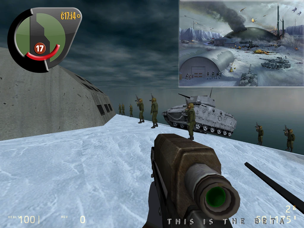 Ego-Perspektive auf ein eisiges Schlachtfeld mit bewaffneten Soldaten und Panzern im Half-Life 2 Beta Minimalist Mod