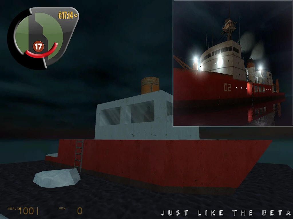 Ingame-Screenshot zeigt ein minimalistisches rotes Boot aus dem Half-Life 2 Beta Minimalist Mod mit HUD