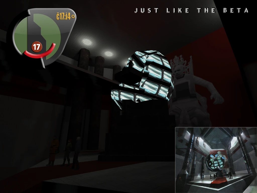 Dunkler Raum mit leuchtender Globusskulptur und schemenhafter Figur im Half-Life 2 Beta Minimalist Mod