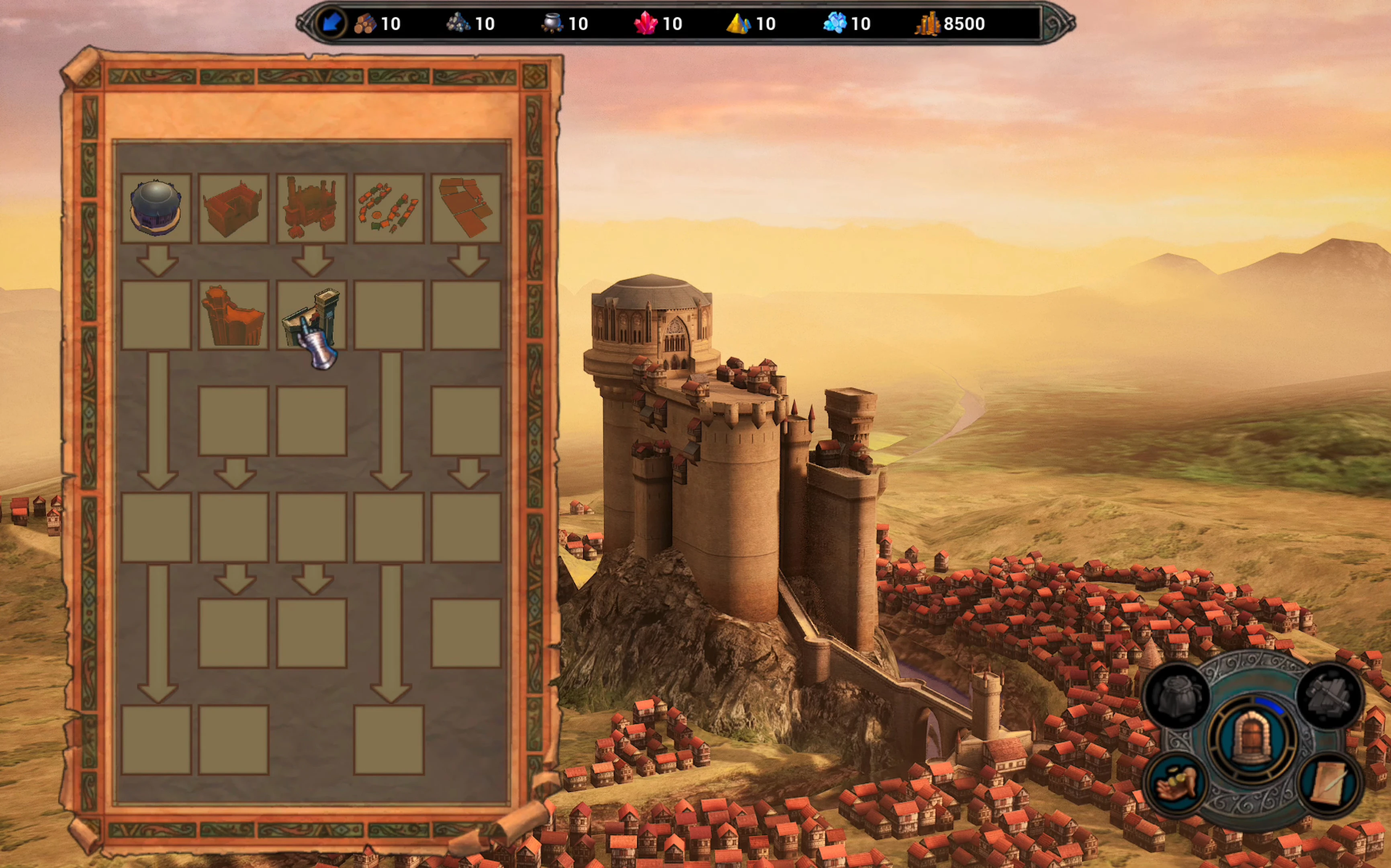 Captura de pantalla mostrando el sistema de mejora del castillo con iconos de edificios y una ciudad y castillo detallados al fondo