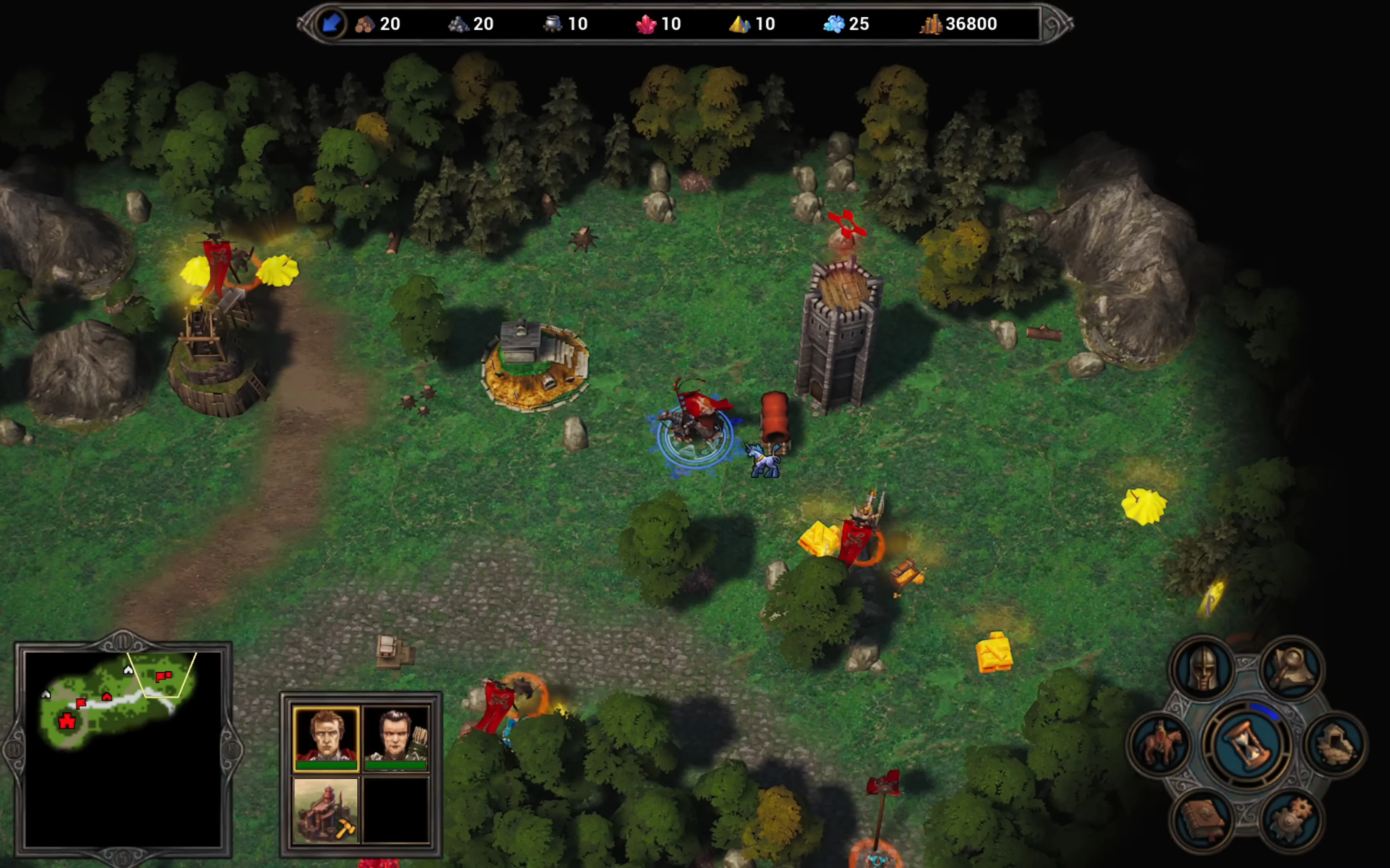 Vista superior en Heroes 5 Reborn con un héroe cerca de una torre, montones de recursos, edificios y terreno boscoso