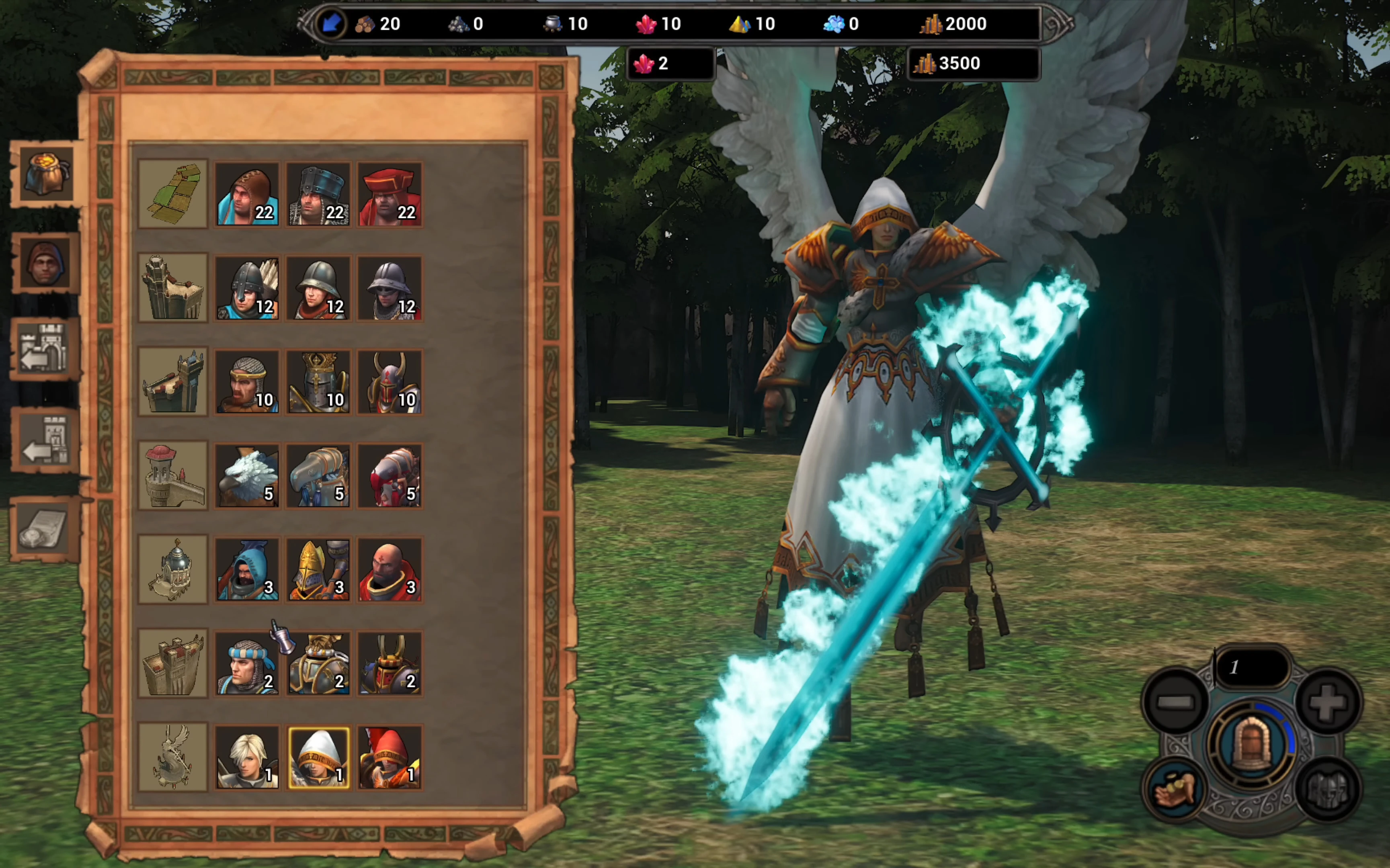 Captura de pantalla del juego fan Heroes of Might and Magic V mostrando un héroe alado con espada brillante y un listado de unidades a la izquierda