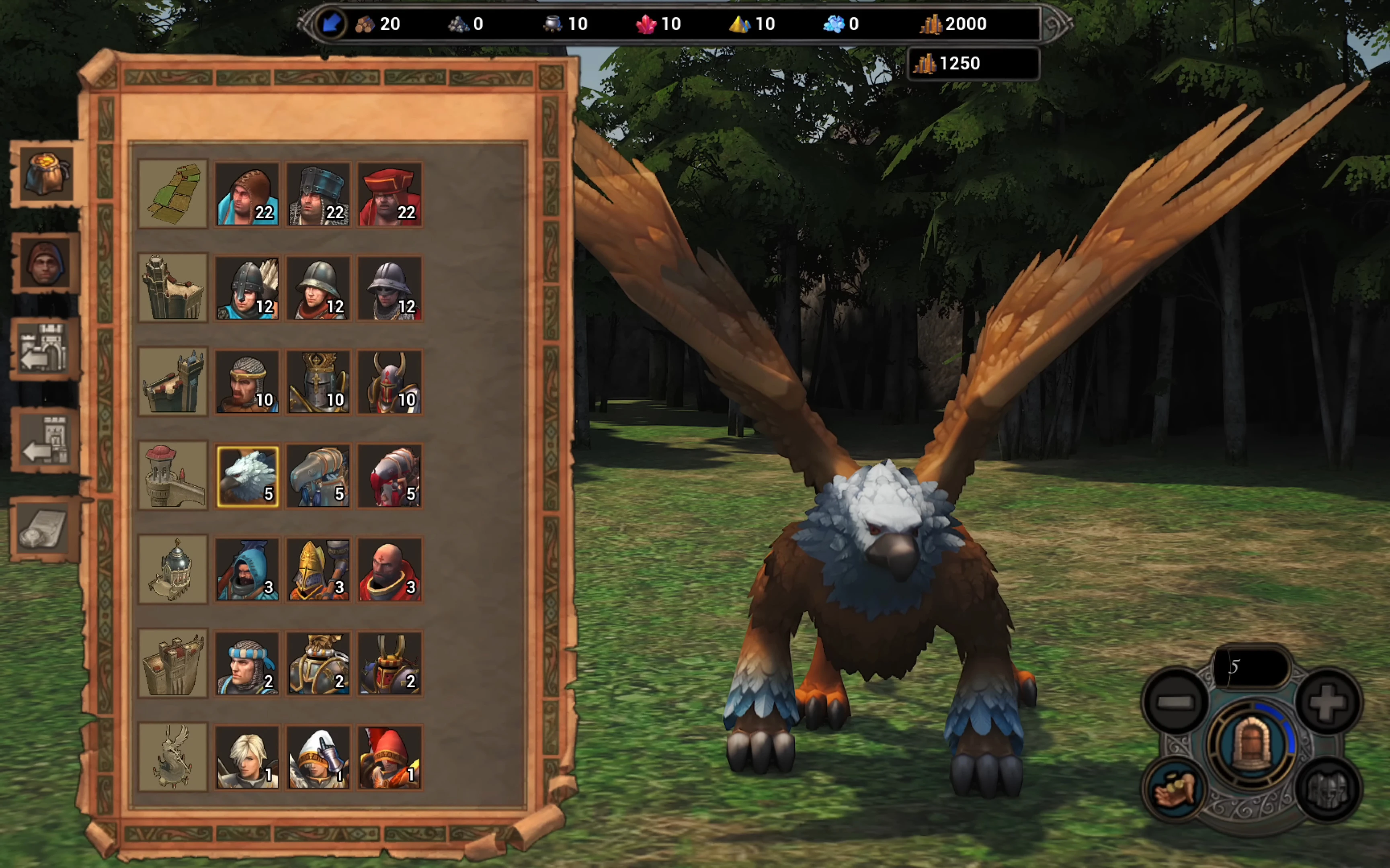 Interfaz del juego mostrando la lista de unidades incluyendo un gran grifo en un entorno boscoso del juego fan Heroes of Might and Magic V