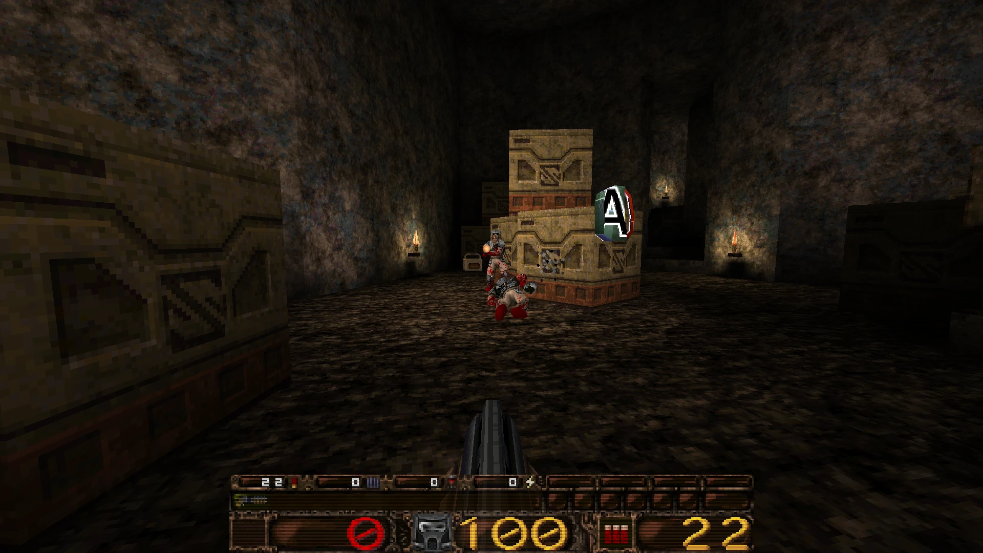 Gracz strzelający do wrogów przy kamiennych skrzyniach w ciemnej jaskini w Quake 1996 LibreQuake