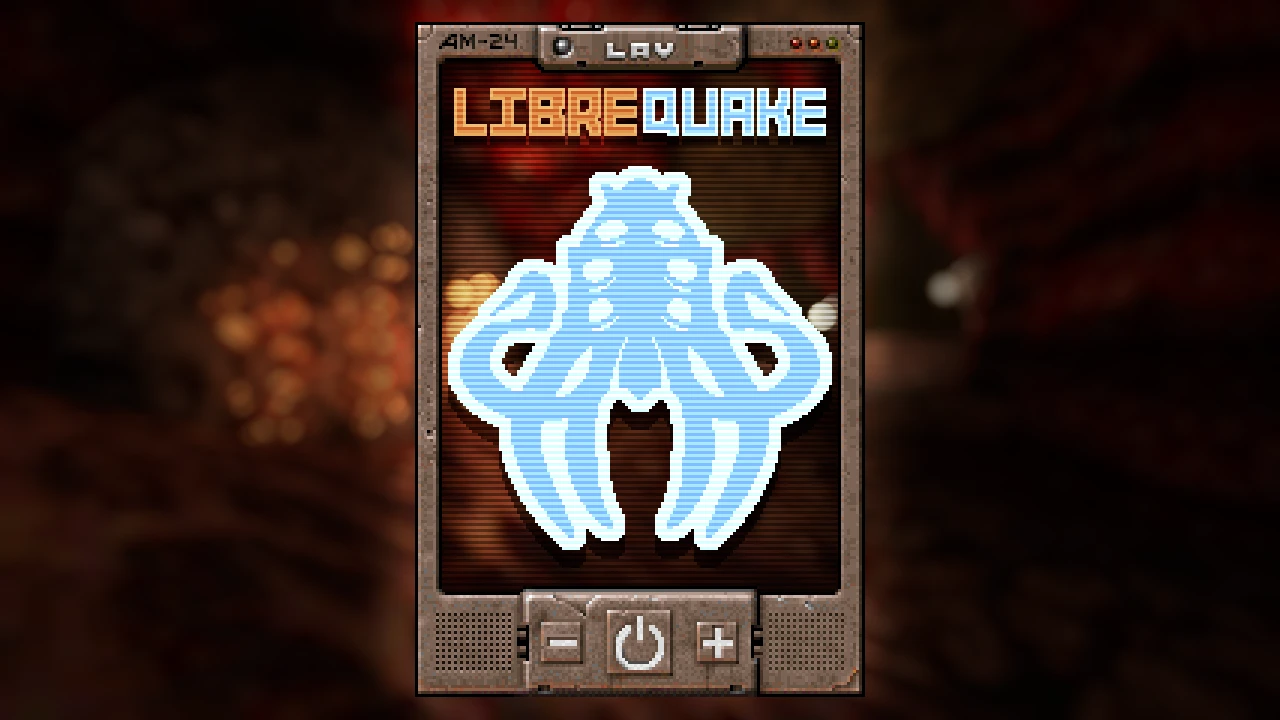Ekran pokazujący logo fanowskiej gry LibreQuake i niebieską pikselową postać na ciemnym tle