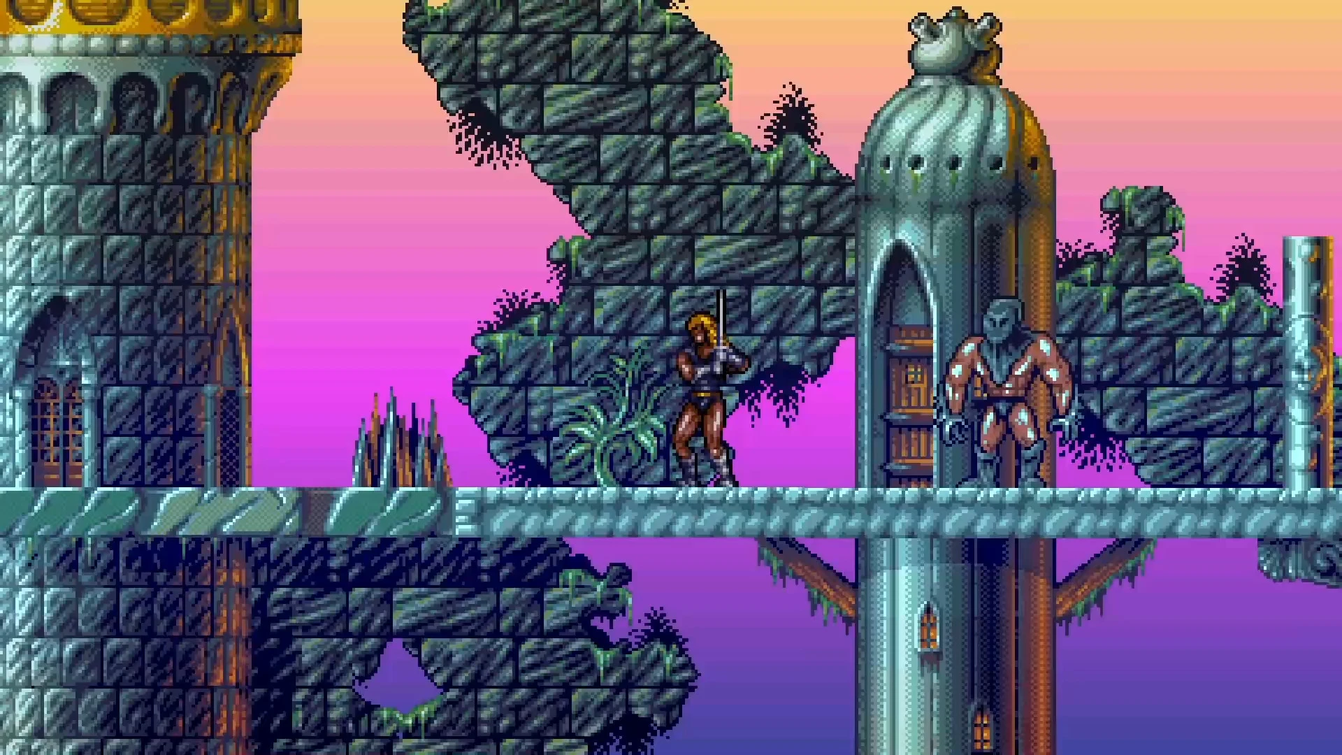 Скриншот пиксельной игры с героем с мечом и грозным врагом в доспехах на фоне руин замка на закате