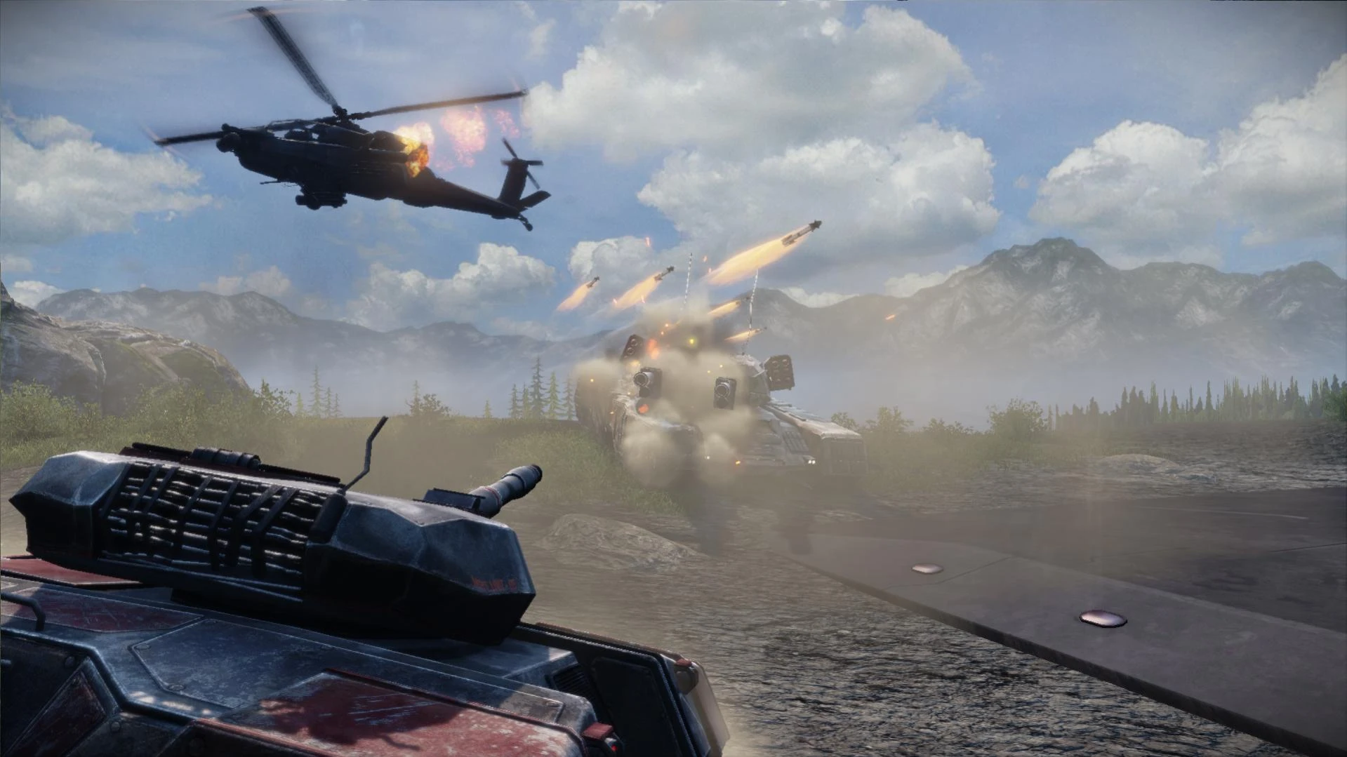Helicóptero disparando a un tanque lanzamisiles en un campo de batalla montañoso bajo cielo nublado