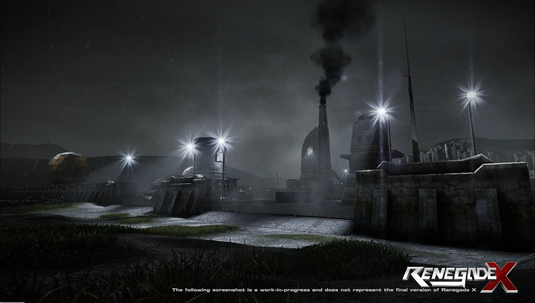 Captura de pantalla de una noche lluviosa mostrando una base industrial con luces intensas y humo de chimeneas en Renegade X