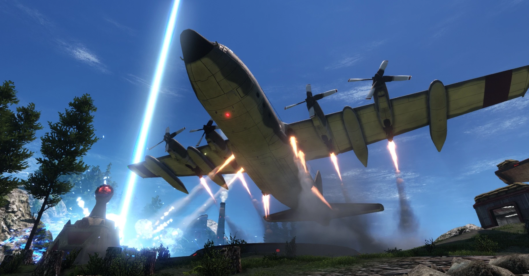 Avión grande con hélices despegando con llamas de los motores en un entorno al aire libre en Renegade X