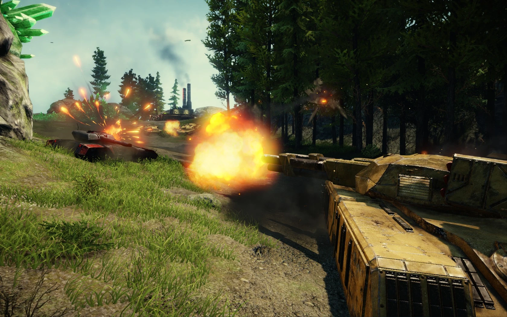 Captura de Renegade X con un tanque amarillo disparando a un tanque enemigo en un campo de batalla boscoso