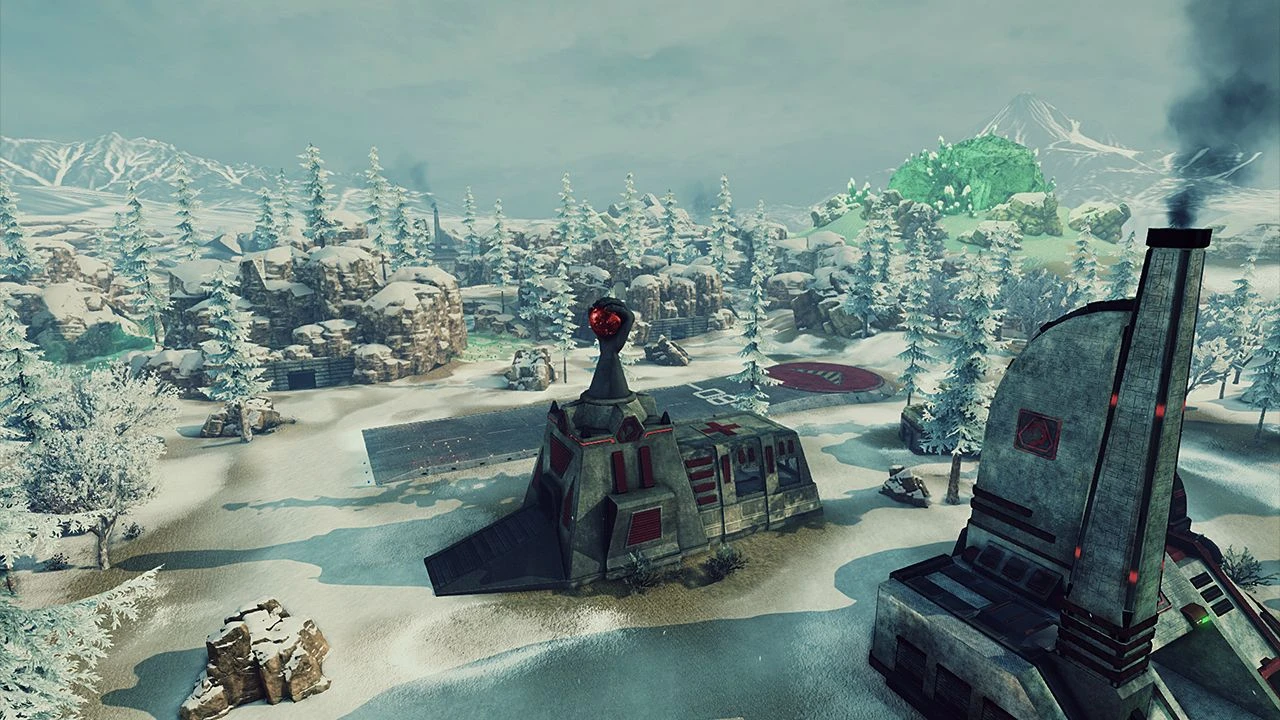 Vista aérea de base militar cubierta de nieve con edificios Nod y pinos en Renegade X