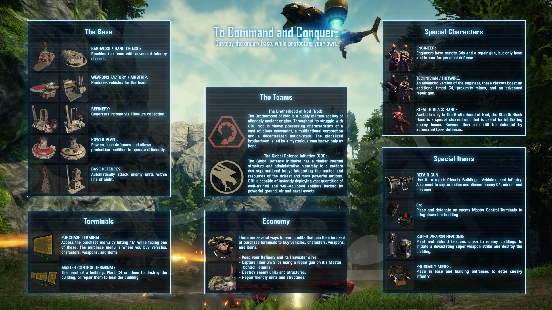 Pantalla de interfaz del juego Renegade X con instrucciones detalladas sobre equipos, estructuras base, economía, personajes especiales y objetos