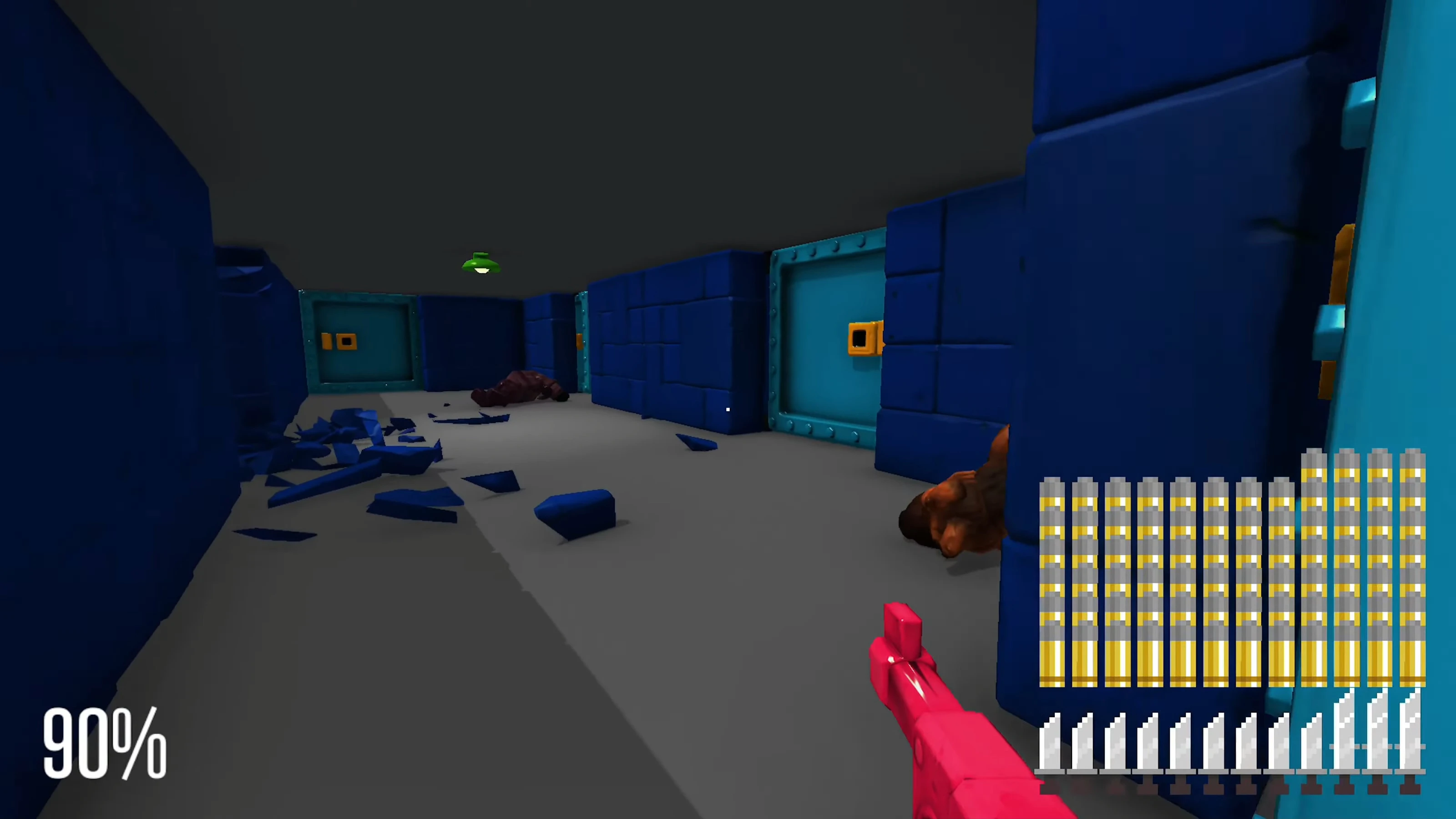Zrzut ekranu z gry przedstawiający niebieski korytarz z drzwiami, rozbitymi odłamkami, martwymi wrogami i bronią gracza w Super Wolfenstein HD