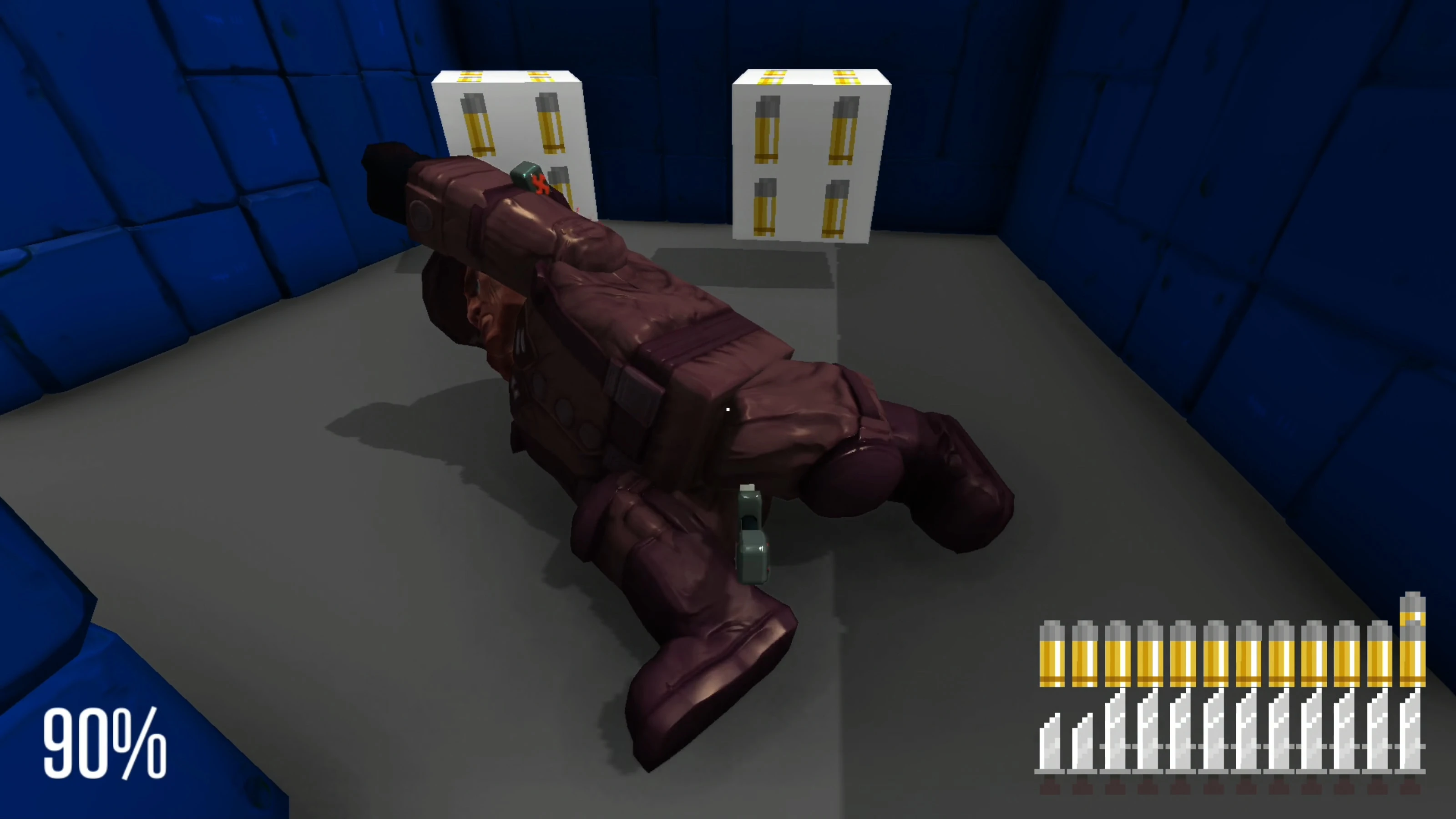 Widok z pierwszej osoby na rękę w rękawiczce przeładowującą pistolet z pudełkami amunicji w niebieskim pomieszczeniu w Super Wolfenstein HD