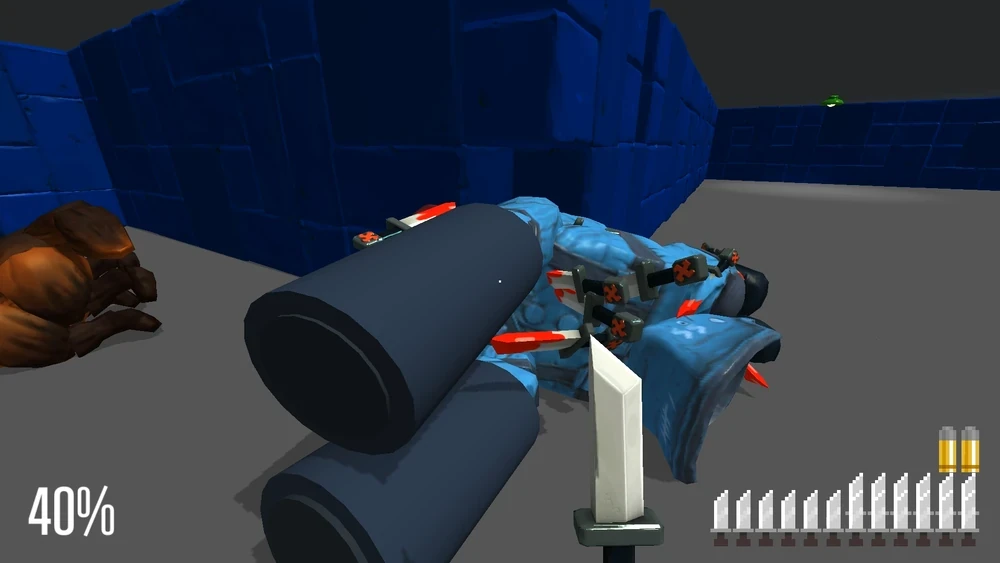 Nóż w ręku skierowany na dwóch martwych niebieskich żołnierzy z pomarańczowymi kolcami w Super Wolfenstein HD