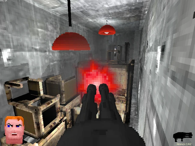 Widok z pierwszej osoby, strzelanie z podwójnych broni w wąskim szarym korytarzu z czerwonym oświetleniem w Voxelstein 3D