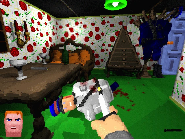 Zrzut ekranu Voxelstein 3D pokazujący pikselowany pokój 3D z ręką gracza i bronią