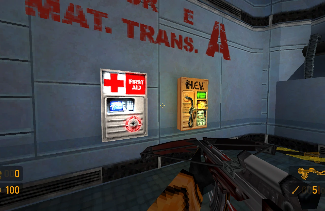 Bild, das Gesundheits- und HEV-Stationen im Fan-Spiel Codename: Loop für Half-Life zeigt.