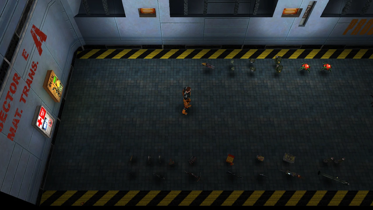 Eine Figur steht im Sektor E von Half-Life: Codename Loop, umgeben von verschiedenen Waffen und Gegenständen auf dem Boden.