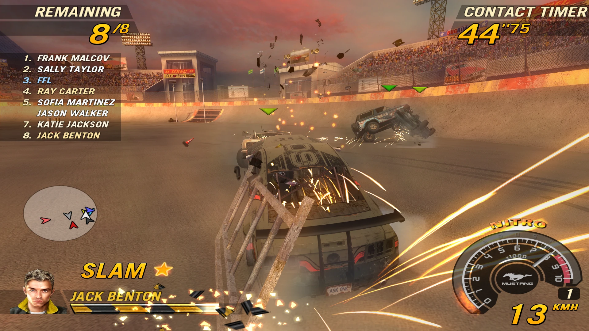 FlatOut 2 Gameplay mit Demolition Derby Rennen, mehreren verunglückten Autos und Funkenflug