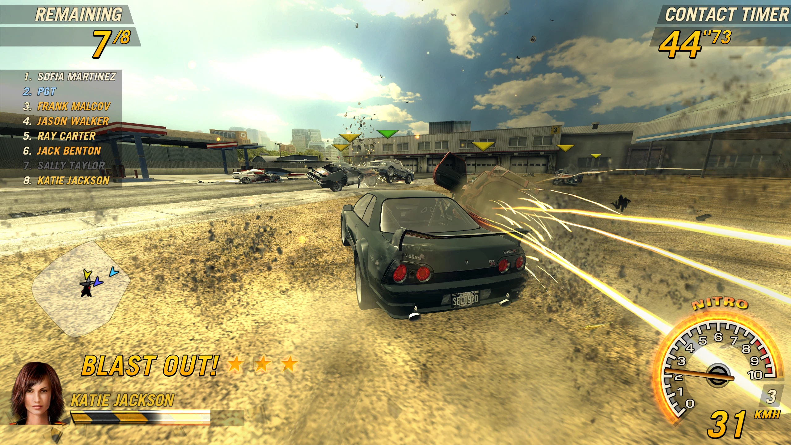 FlatOut 2 Gameplay zeigt Autounfall mit Tachometer bei 31 km/h und Derby-Timer