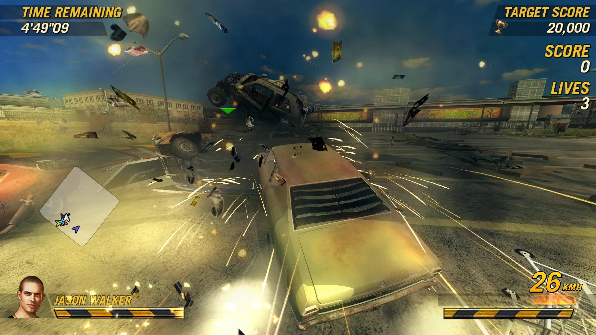 Explosive car crash scene showing flying debris and overturned vehicles in FlatOut 2 Carnage Mode