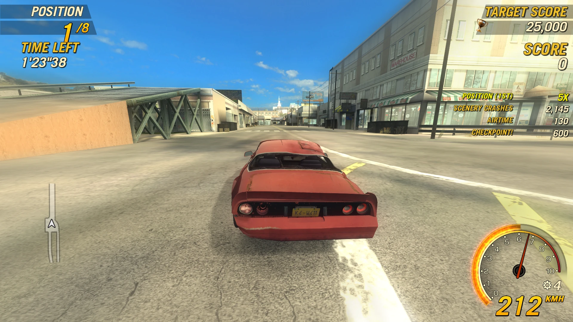 Damaged red car driving on wide city street under clear blue sky in FlatOut 2 Carnage Mode