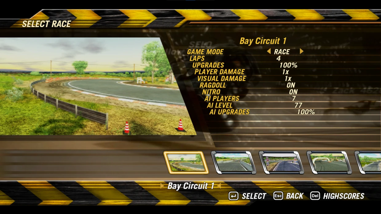 Menübildschirm mit Einzelrennen-Optionen: Rennauswahl, Runden, Schaden, KI-Einstellungen und Bay Circuit 1 in FlatOut 2