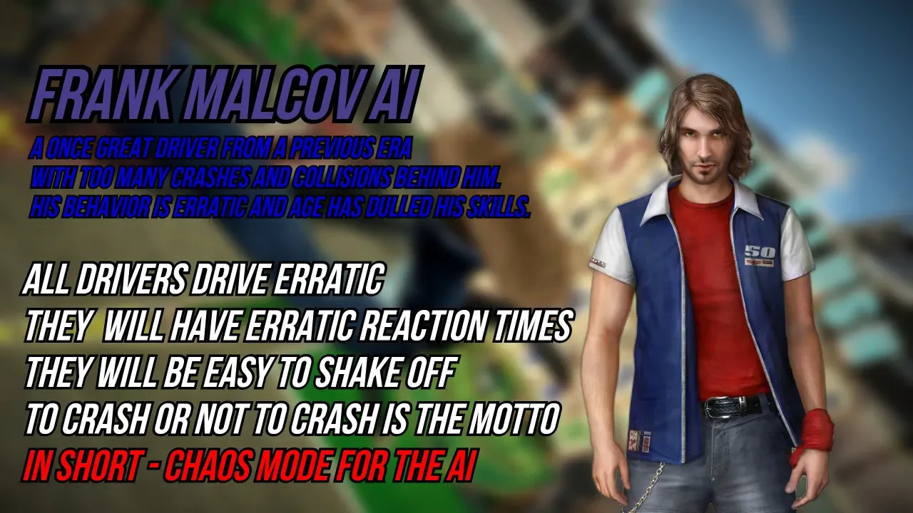 Postać Frank Malcov AI z moda AI Driver Overhaul do FlatOut 2 z tekstem o chaotycznym stylu jazdy