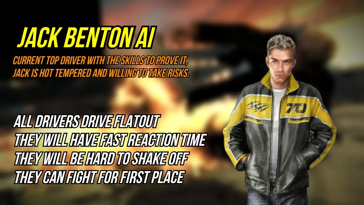 Postać Jack Benton AI z moda AI Driver Overhaul do FlatOut 2 z tekstem o agresywnym i konkurencyjnym stylu jazdy