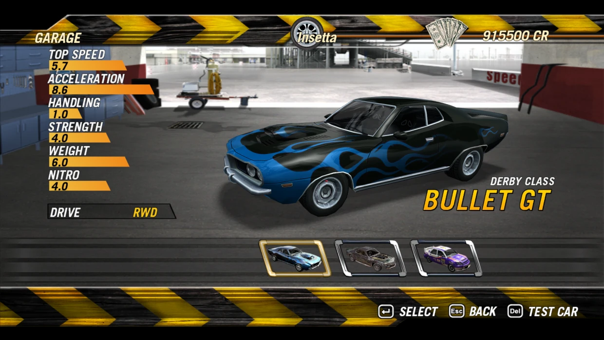 Screenshot showing Bullet GT derby class car with top speed 5.7, acceleration 8.6, handling 1.0 stats in FlatOut 2 mod
