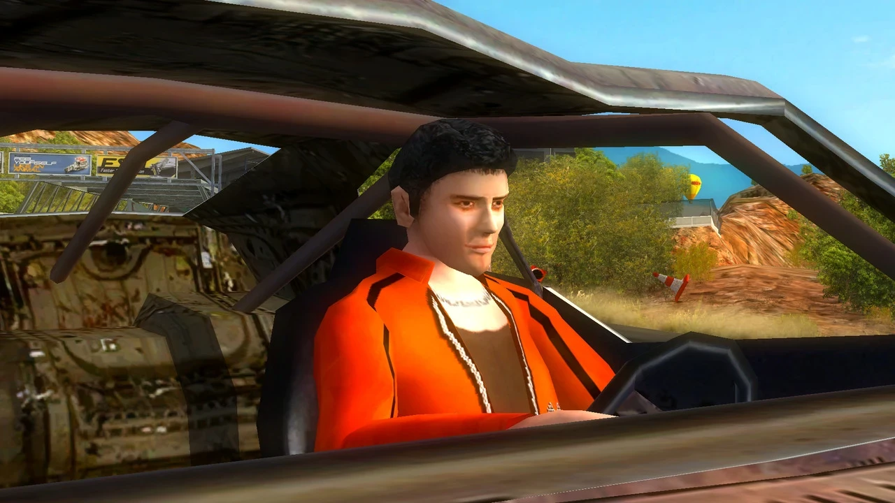 Zbliżenie kierowcy w czerwonej kurtce za kierownicą uszkodzonego samochodu w FlatOut 2 z modem Alternate Textures And Extras
